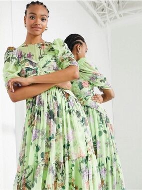 ASOS Mint Green Floral Puff-Sleeve Corset Maxi Dress